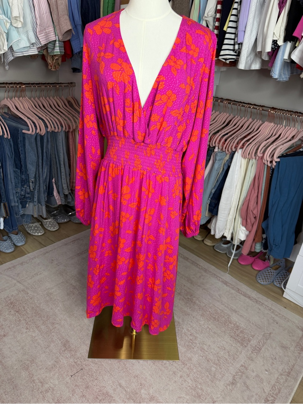 Draper James Pink and Orange Floral Long Sleeve Midi Dress
